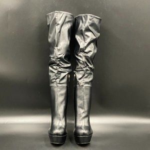 Black leather almond toe platform kitten high heels over the knee boots booties